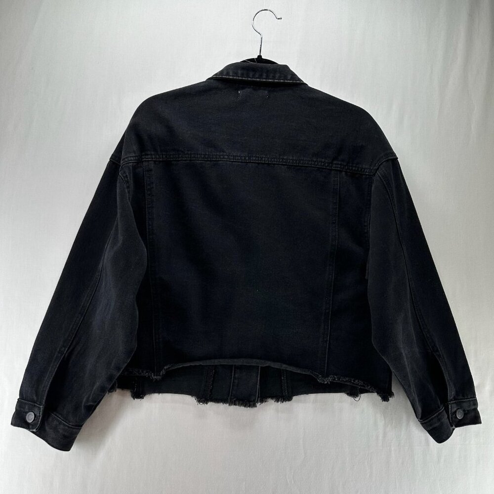 Elia Cher Cropped Denim Jacket Womens XL Pockets Frayed Hem Biker Grunge Black - Picture 2 of 13